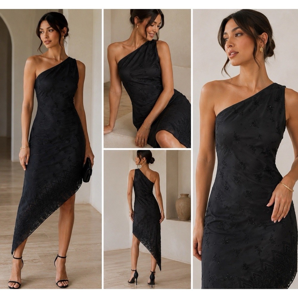 VTG Alyn Paige Black One Shoulder‎ Dress Sparkly Asymmetric Y2K Whimsigoth 13/14